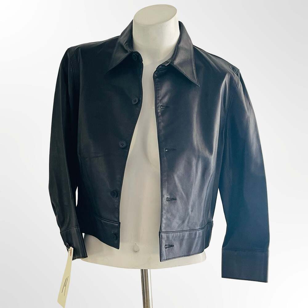 Vintage Black Leather Cropped Button-Front Jacket